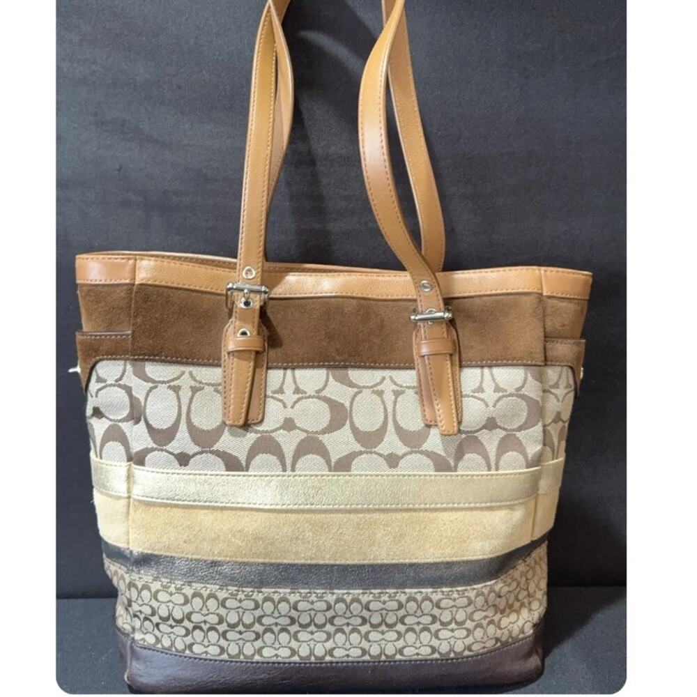 COACH Signature Logo Canvas Suede Leather Shoulder Bag Brown